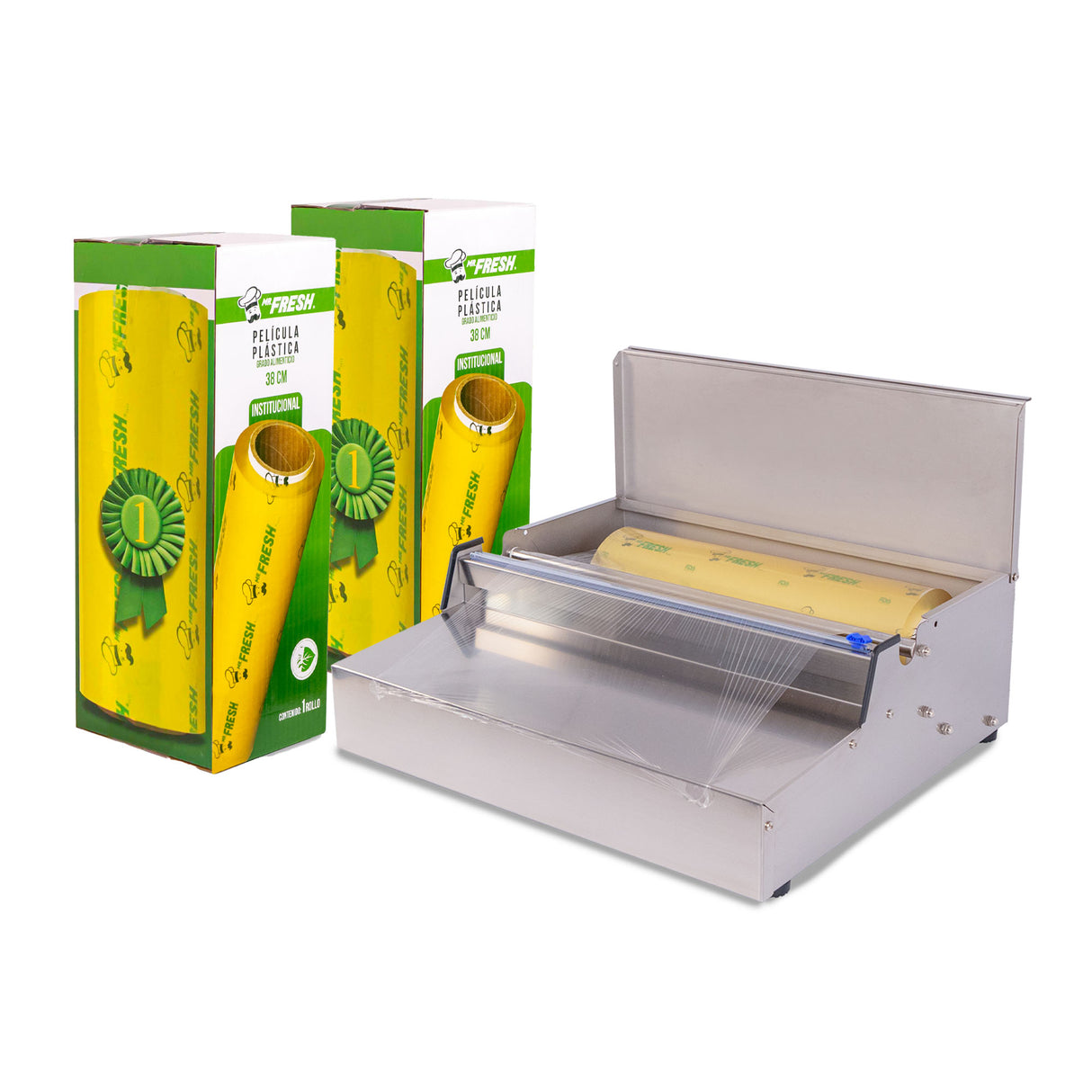 STAINLESS STEEL FOOD WRAPPER KIT WITH 2 INSTITUTIONAL 38 CM VITAFILM ROLLS OF 800 METERS
