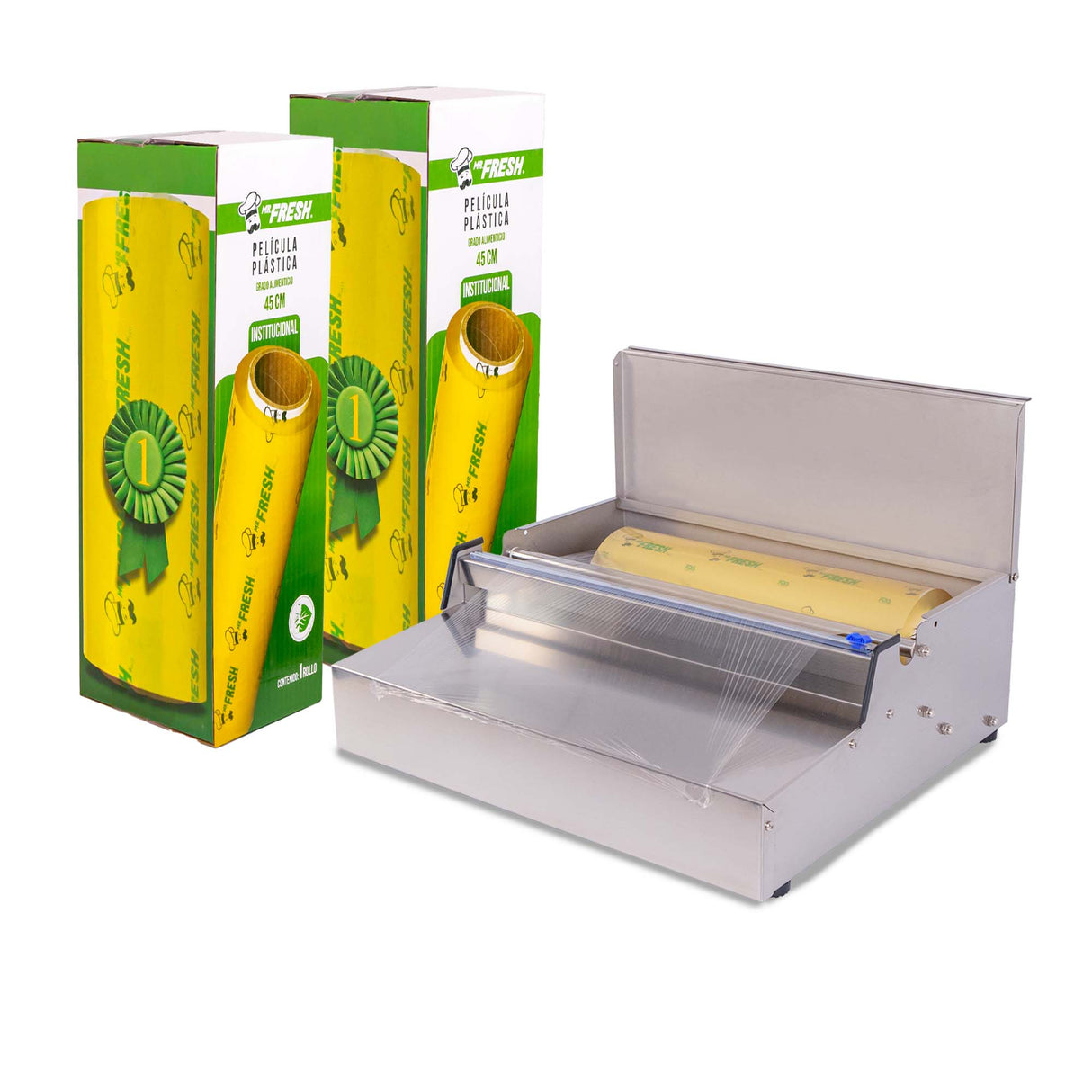 KIT EMPLAYADORA PARA ALIMENTOS DE ACERO INOXIDABLE CON 2 VITAFILM DE 45 CM INSTITUCIONAL DE 800 METROS.